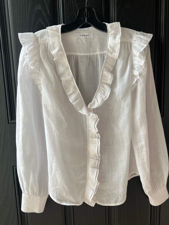 Frame Denim Tops - Frame Denim White Ruffle V-Neck Blouse